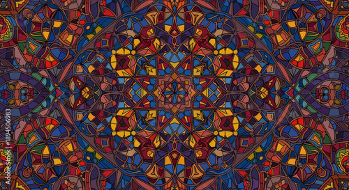 A colorful stained glass pattern evokes a sense of creativity and spirituality, perfect for cultural and artistic projects.