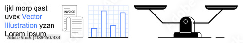 Business, finance, analytics, data management, decision making, accounting. Bar chart, invoice and balance scale together. Finance and business concept emphasizing analytics and decision making