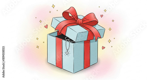 Gift box with red ribbon and necklace inside soft pastel background celebratory atmosphere elegant design