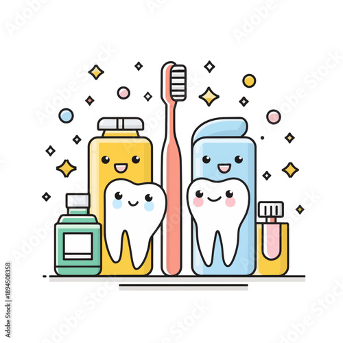 Happy Dental Hygiene Characters with Toothbrush and Products