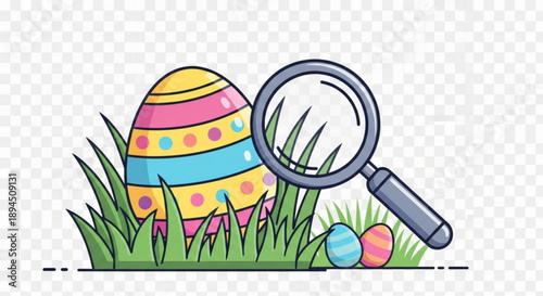 Colorful easter egg hunt scene with magnifying glass in grassy surroundings with hidden eggs