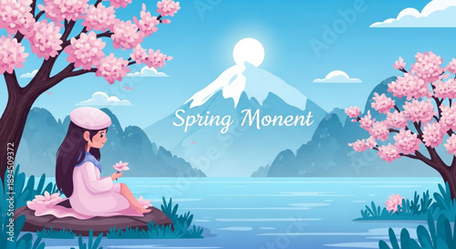 Woman in serene landscape enjoying spring moment by lake with cherry blossoms and mountains