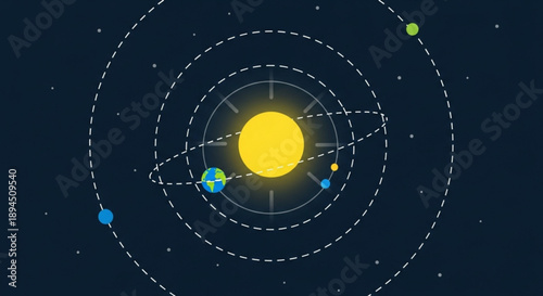 Solar system illustration with planets in orbit around the sun in dark space