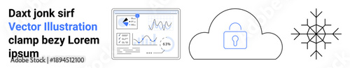 Data security, cloud storage, analytics, technology workflows, user privacy, network systems. Graphical analytics dashboard, cloud lock abstract snowflake. Cloud security and data analytics concept