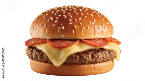 Cheeseburger with pepperoni and sesame seed bun isolated on a transparent background