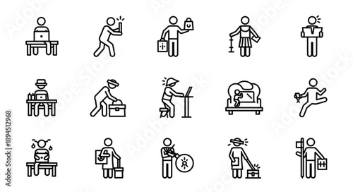 Collection of Simple Line Art Icons Representing Various Human Activities and Professions.