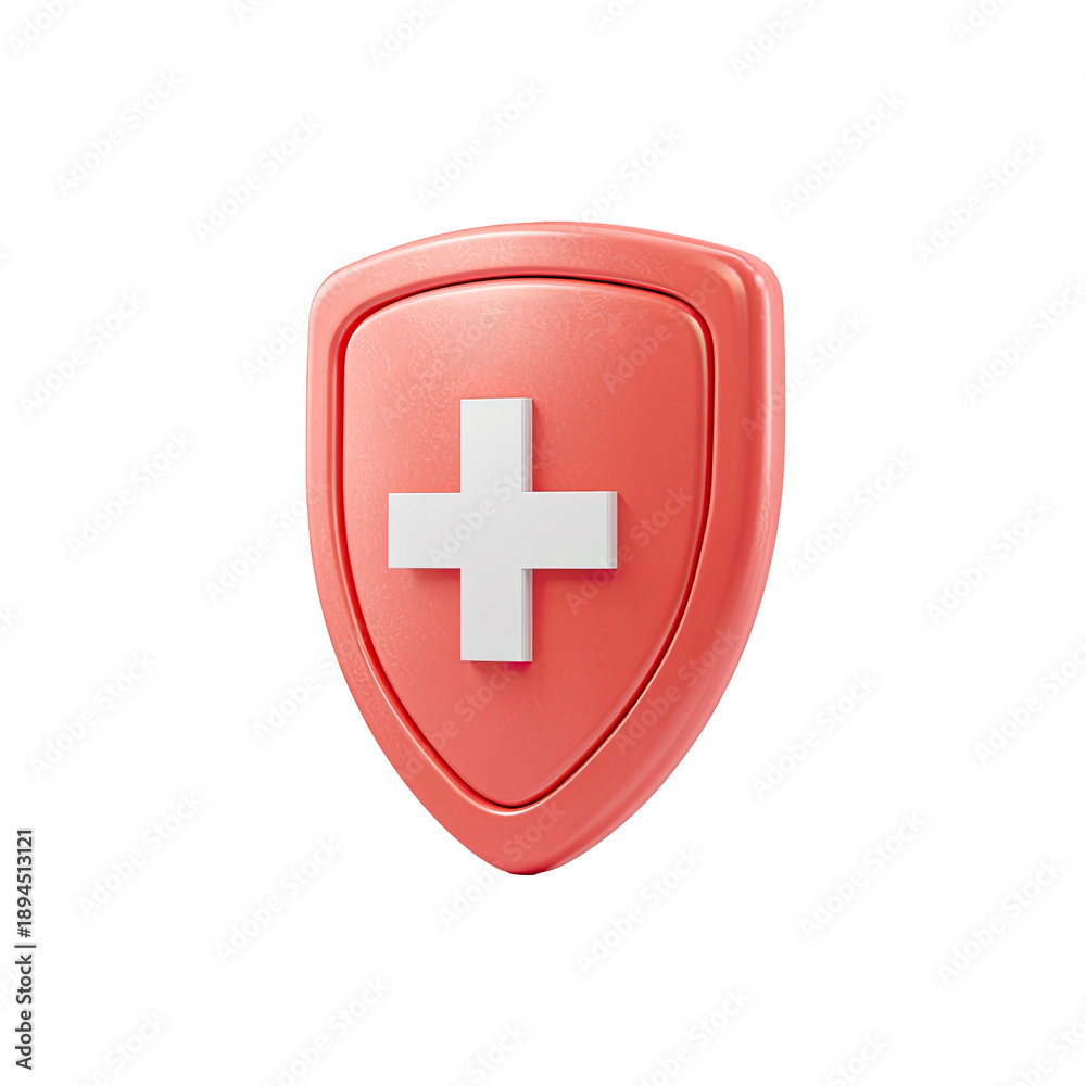 Obraz premium 3D rendered protective shield icon with a white cross, isolated against a black background