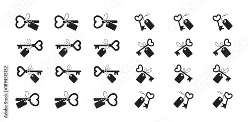Heart key with tag set representing love property house warming and romantic security concepts set
