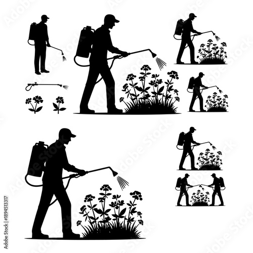 Farmer Spraying Pesticide Silhouette Pack - Agriculture Disease Protection and Pest Control Vector