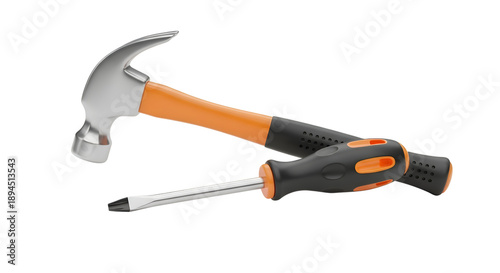 Claw hammer and flathead screwdriver with orange and black grips on black background
