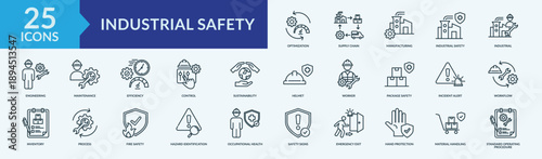 Industrial Safety icon set. Containing supply chain, manufacturing, engineering, efficiency and more. Outline vector icons collection