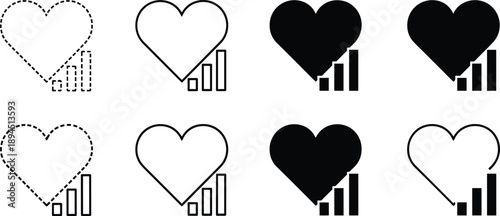 Black and white vector icon set featuring a heart symbol with rising bar charts for cardiovascular health tracking fitness progress and medical wellness branding design