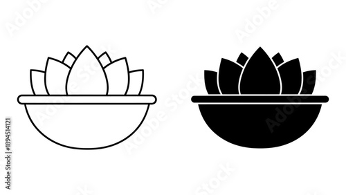 Minimalist vector icon set featuring a potted succulent or lotus flower design, shown in both outline and solid black silhouette styles on a clean white background, ideal for UI/UX elements.
