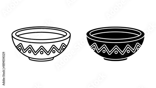 Set of two decorative ceramic bowl icons in outline and solid silhouette styles, featuring a traditional zigzag chevron pattern with dots, isolated on a white background.