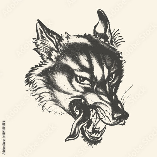 Fierce wolf head illustration with bared teeth and tongue out, in vintage black and white engraving style, conveying aggression and wildness.