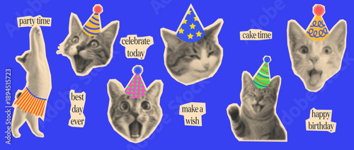 Happy Birthday Party Cat Scrapbook Collages for New Born Anniversary Carnival, Birthday Cake, Confetti, Cute Cat, Trendy Halftone Vector Illustration