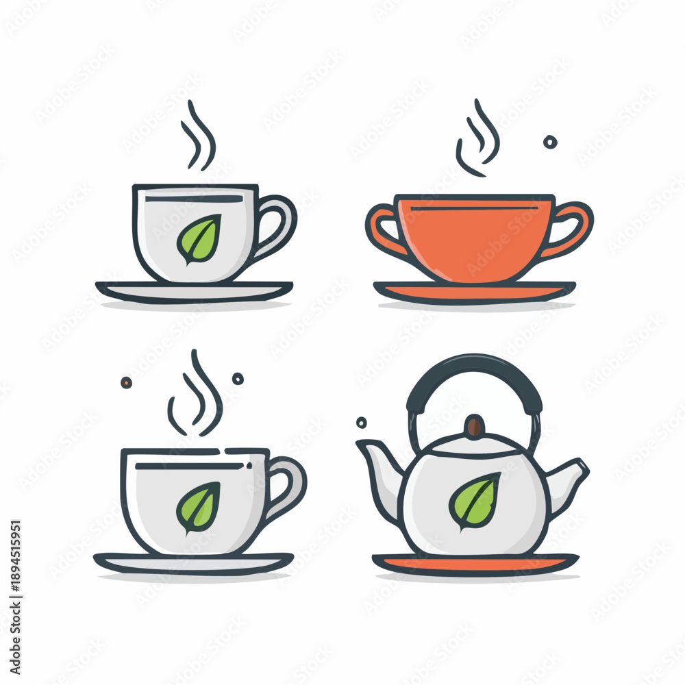 Obraz premium A serene tea setting with cups and teapot on saucers, illustration, calm atmosphere, top view