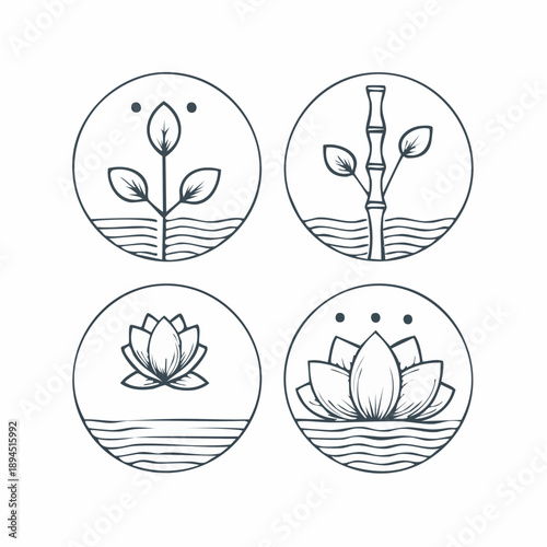 Simple Line Art Illustrations of Lotus Flowers and Buds in Various Stages of Bloom