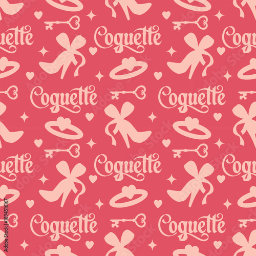 Coquette chic seamless pattern featuring an engagement ring, bows, and flirty high heels. Set in a bright scarlet color palette for bold, romantic designs.