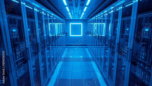 Modern data center with glowing blue servers and futuristic design