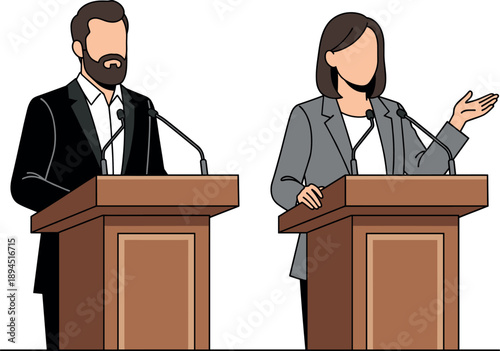 Man and Woman Speaking at Podiums with Microphones during a Formal Press Conference or Public Debate Vector Illustration.