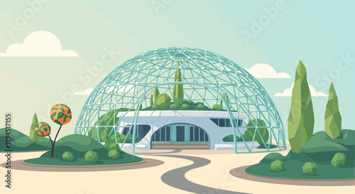 Futuristic glass dome building with lush greenery and a winding pathway leading to the entrance.