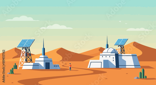 Futuristic space colony on a desert planet with solar panels and buildings.