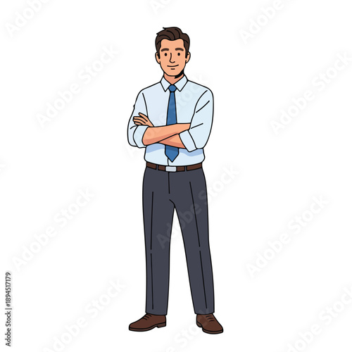 A cartoon illustration of a confident businessman standing with arms crossed, wearing formal attire against a clean white background.