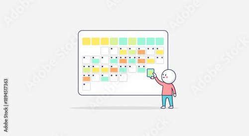 Person organizing sticky notes on a calendar board planning and scheduling tasks effectively.
