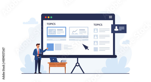 Presentation on a large screen with a presenter and a laptop.