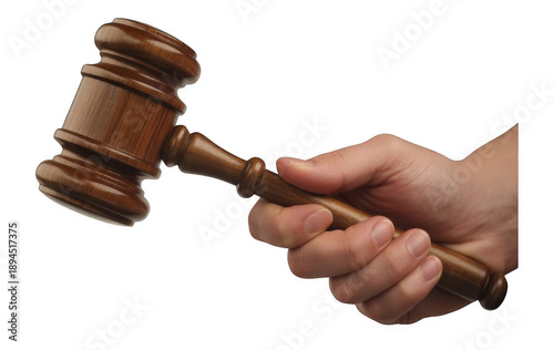 Hand holding wooden gavel judge isolated on a transparent background