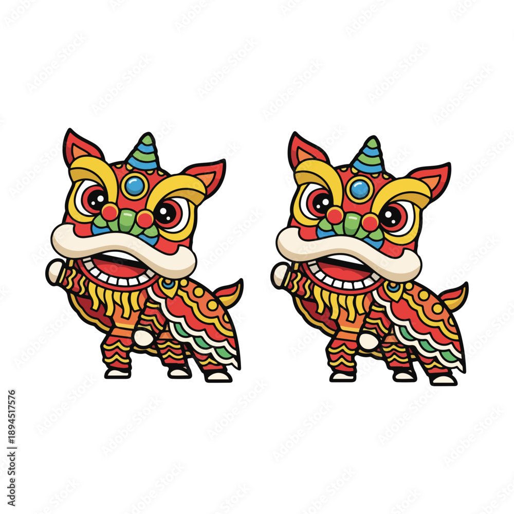 Obraz premium Cartoon Chinese Lion Dance Figures Mascot Illustration Isolated