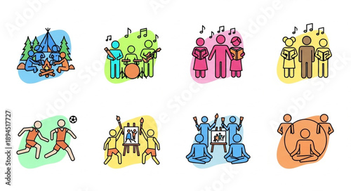 Collection of stylized illustrations depicting various human activities and events.