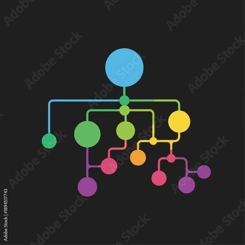 A colorful network diagram with interconnected circles and lines on a dark background, representing a complex system.