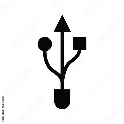 USB Connection Vector Icon - Black Universal Serial Bus Symbol for Technology Design