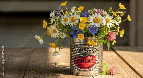 A rustic, weathered tin can serves as an impromptu vase, overflowing with a cheerful, wild assortment of freshly picked daisies, buttercups, and tall grasses.