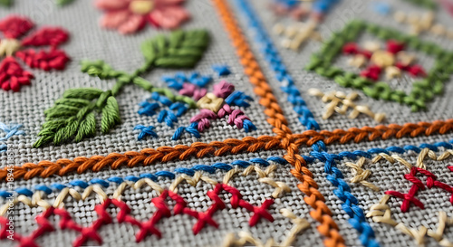 A detailed fabric background featuring intricate needlework and thread patterns