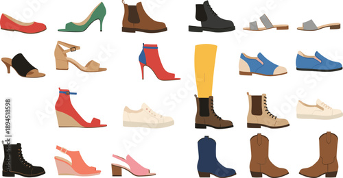 Assorted footwear collection with heels, boots, sandals, and casual shoes