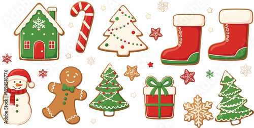 Christmas gingerbread cookie vector set featuring snowman, candy cane, trees, stockings, gift box, snowflakes, house, and festive holiday decorations