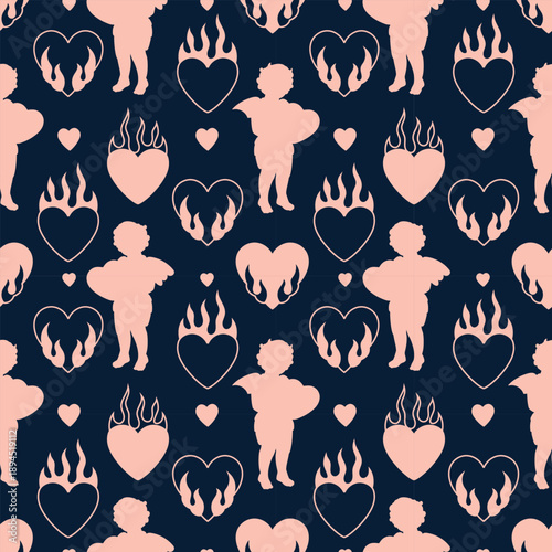 Dark romance and love rebel aesthetic seamless pattern. Pink tone silhouettes of heart thief cherubs and flaming hearts on a dark anti-Valentine background.