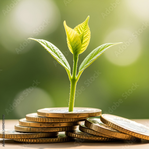 Macro View of Sapling Growing from a Pile of Financial Coins