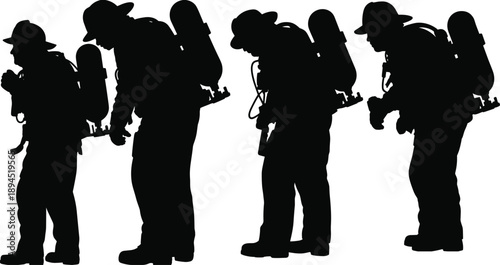 Firefighter silhouette emblem, rescue team logo, oxygen tank design, helmet badge, emergency symbol, safety vector art, cad drawing flat vector illustration