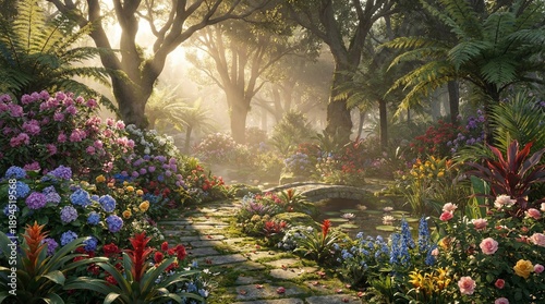 Obraz na plátně Serene garden path with vibrant flowers and lush greenery at sunrise