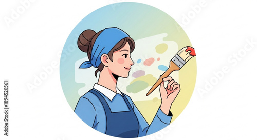 Woman in blue apron and headscarf painting with a brush colorful background artistic expression creative hobby leisure activity