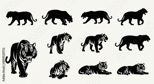 Collection of Tiger Silhouettes in Various Poses.