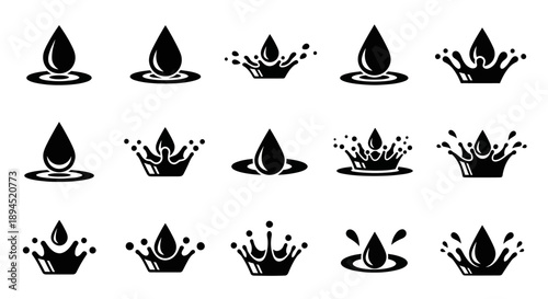 Collection of water drop splash icons in black and white.