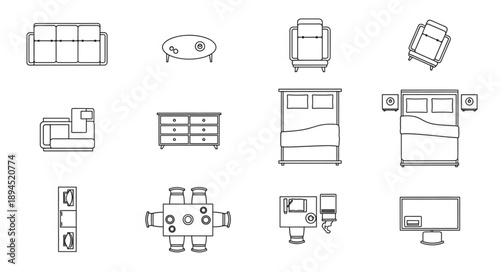 Collection of top view furniture icons for interior design planning.