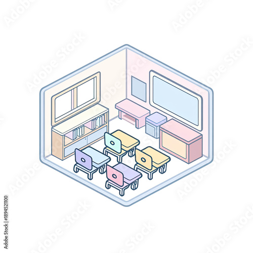 Isometric view of a classroom interior with desks, chairs, and learning resources