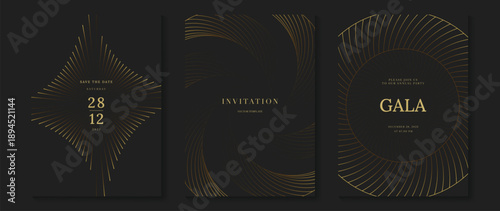 Luxury black and gold invitation vector set with geometric art deco patterns, line ornaments and sunburst frames. Elegant design for wedding, gala, party and event stationery.