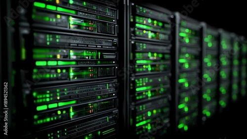 Server Racks with Blinking Green Lights in Data Center / データセンターで点滅する緑のライトのサーバーラック3